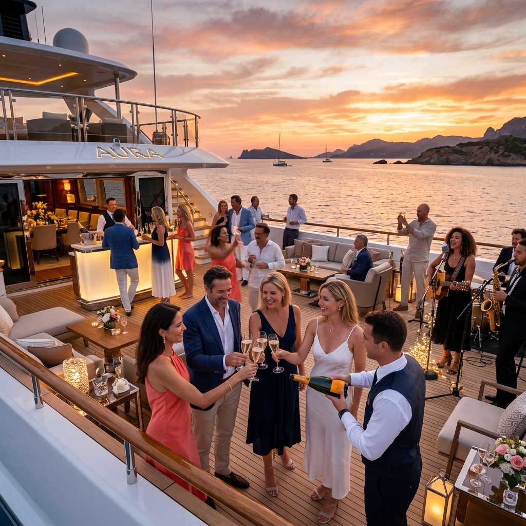 A luxury yacht party at sunset with guests enjoying champagne service, entertainment, and panoramic ocean views