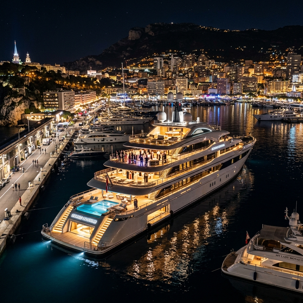 A superyacht docked in Monaco harbor at night, beautifully illuminated for a VIP cocktail event