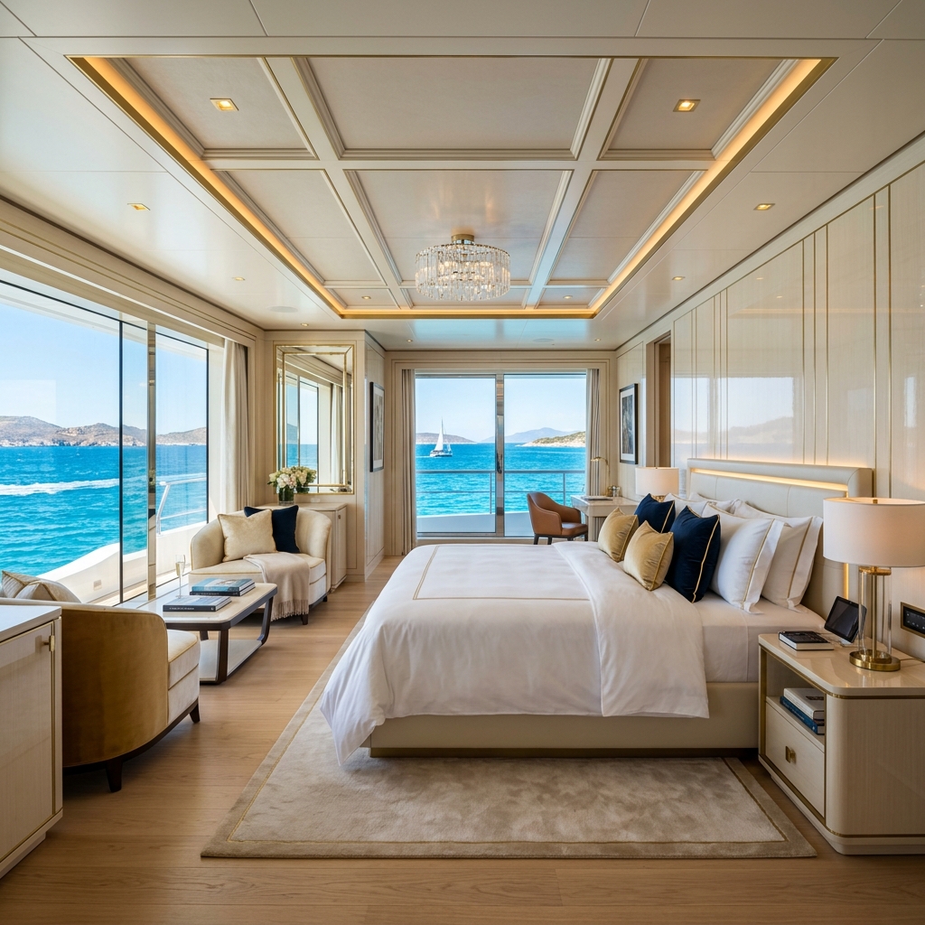 A luxurious master cabin stateroom inside a premium charter superyacht, featuring a king-size bed and panoramic views of the turquoise sea