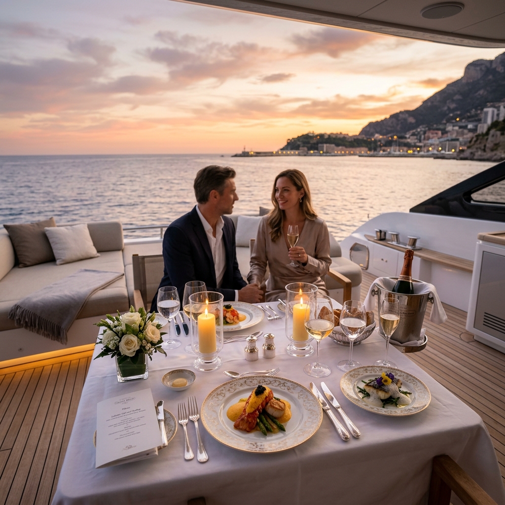 A Michelin-star gourmet dining table setup on the aft deck of a luxury yacht at sunset, overlooking the calm ocean