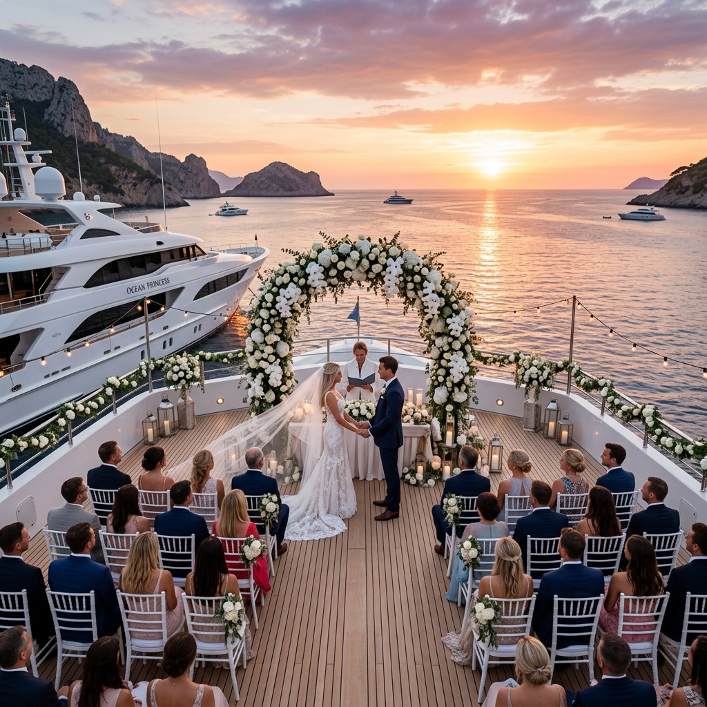 A beautiful luxury yacht wedding ceremony at sunset with an elegant floral arch on deck and ocean views