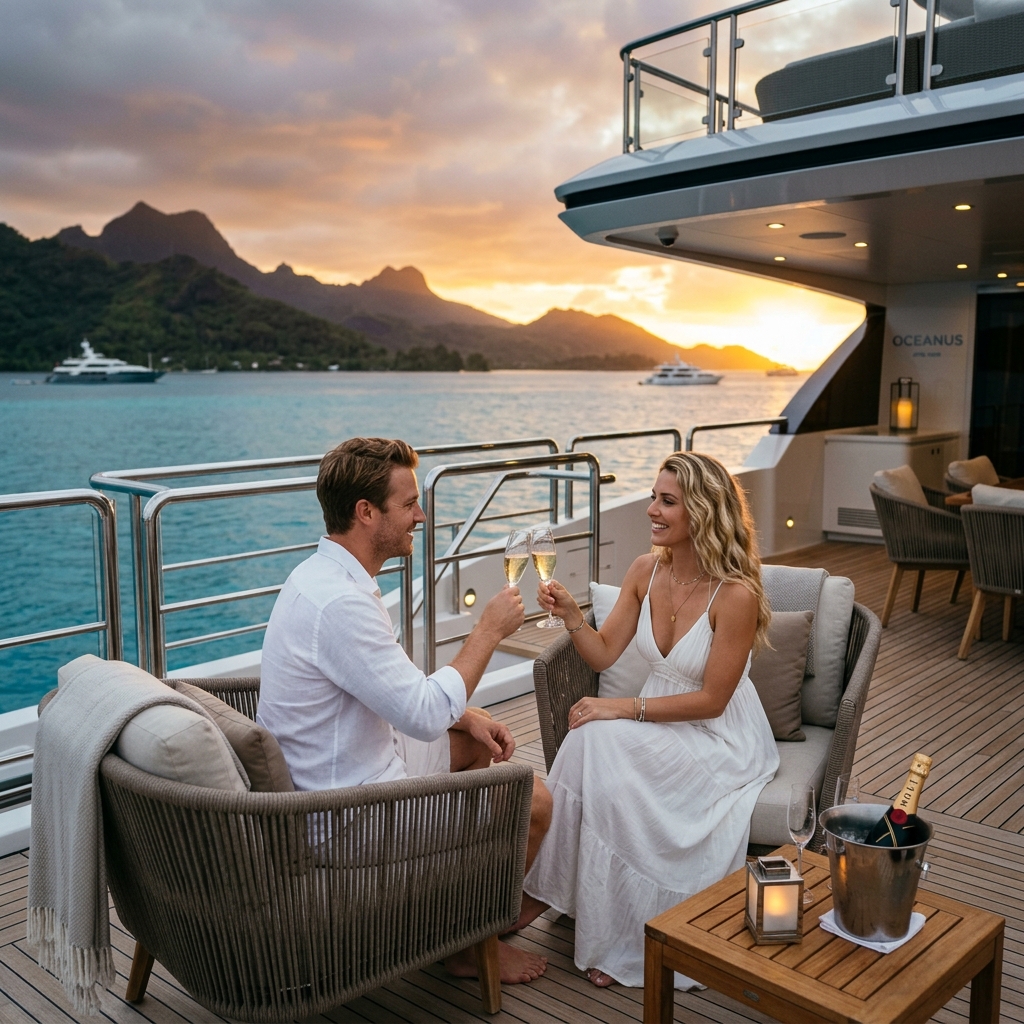 A romantic couple enjoying their honeymoon on a luxury yacht deck under a warm sunset, sipping champagne