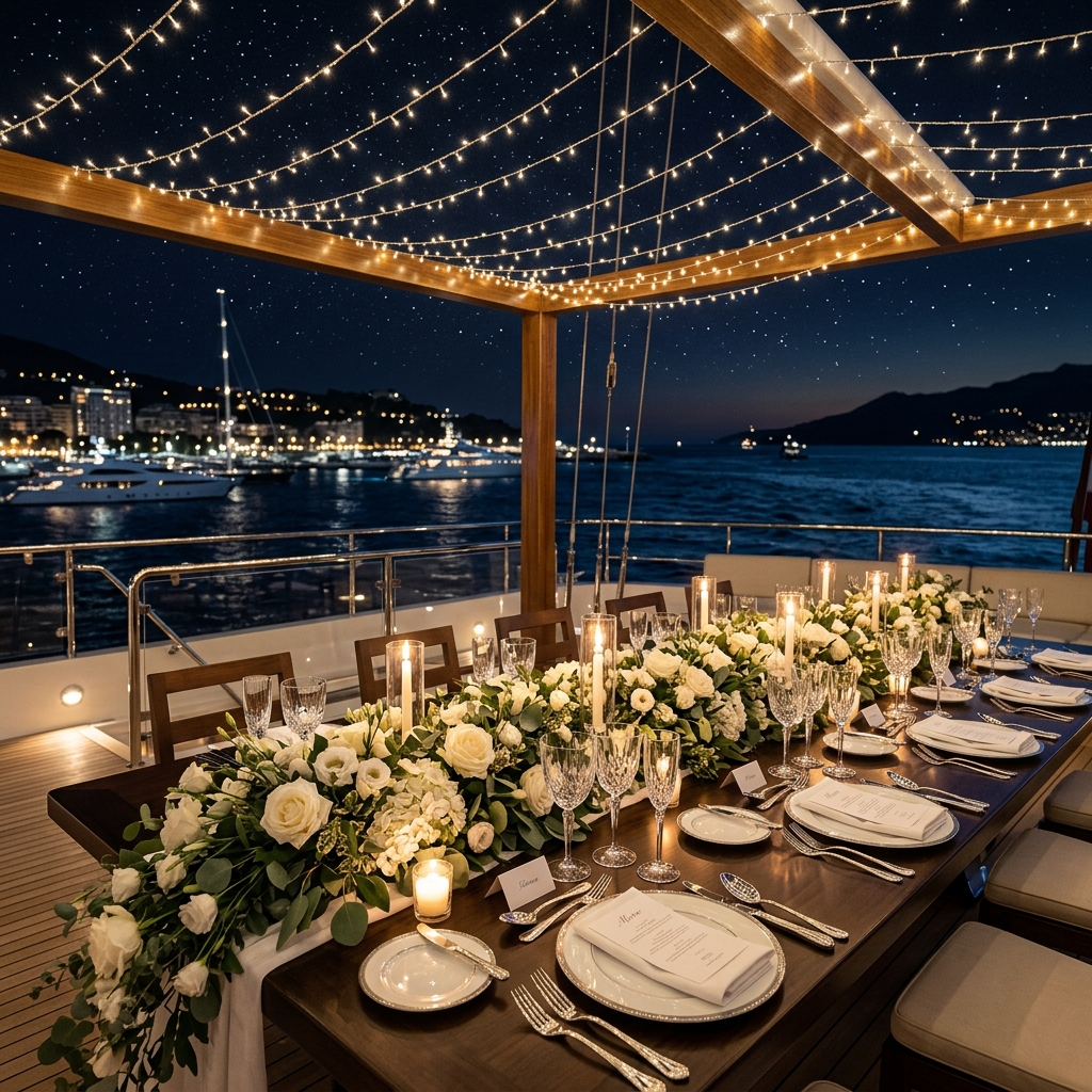 A luxury yacht wedding reception table setup under the stars, decorated with fairy lights and white rose floral runners