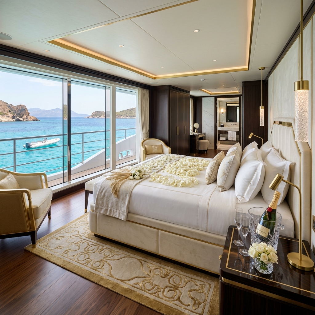 A luxurious bridal suite inside a superyacht master cabin, decorated with rose petals and featuring panoramic ocean views
